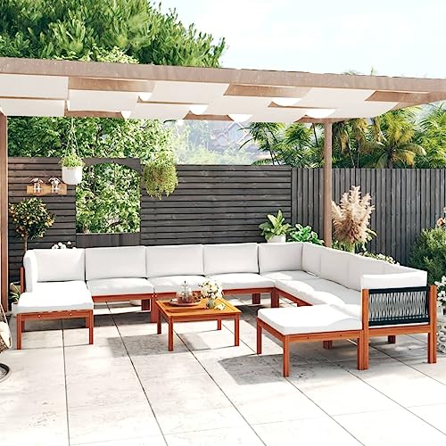 11 Piece Patio Lounge Set with Cushions Cream Solid Acacia Wood,Rustic Outdoor Lounge Set with Cushions for Patio and Garden in Durable Acacia Wood Patio Furniture Sets, Outdoor Furniture Sets