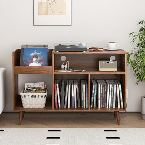 Record Player Stand with Charging Station & USB Ports, Mid-Century Turntable Stand Table Holds Up to 300 Albums, Vinyl Record Storage Cabinet with Wood Legs for Living Room Office(Walnut) Oubayajia