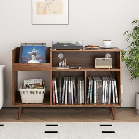 Record Player Stand with Charging Station & USB Ports, Mid-Century Turntable Stand Table Holds Up to 300 Albums, Vinyl Record Storage Cabinet with Wood Legs for Living Room Office(Walnut) Oubayajia