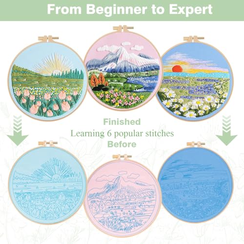 RidaaFri Embroidery Kit for Beginner, Set of 3 Floral Mount Sunshine Pattern DIY Kits for Adults & Starter, Hand Embroidery Practice Set with Step-by-Step Video Tutorial, Includes Hoop, Needles, Floss