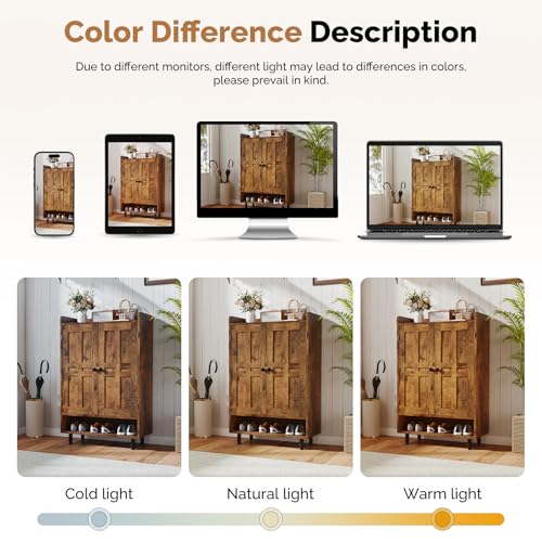 Aivermeil Farmhouse Shoe Cabinet with Doors, 6-Tier Wooden Shoe Organizer with Adjustable Shelves, Entryway Storage Cabinet, Rustic Shoe Storage for Entryway or Living Room (Rustic Brwon) Aivermeil