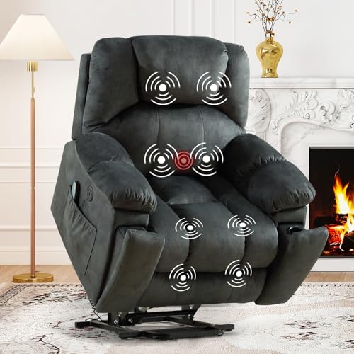 ANJ Large Power Lift Recliner with Hidden Cup Holders for Elderly, Large Electric Reclining Lift Chair with Massage and Heat, Overstuffed Lifting Chairs with Side Pockets for Living Room, Dark Green