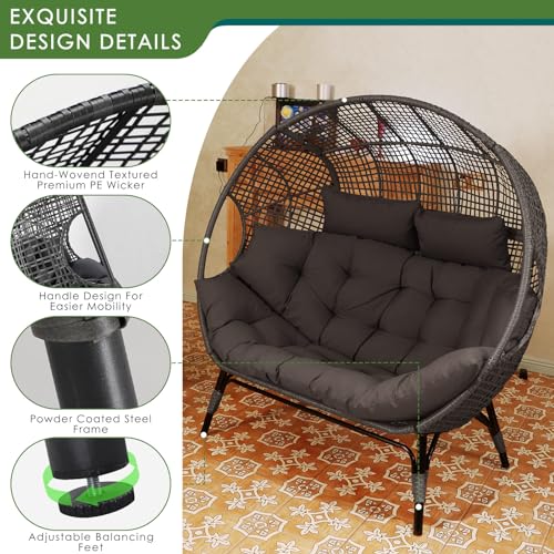 NICESOUL® Double Egg Chair Indoor Outdoor Stationary Oversized Thicken Padded Cushions,2 Person Egg Loveseat Chair,680 lbs Extra Large Lounge Chair for Patio Balcony Porch Backyard Gray NICESOUL