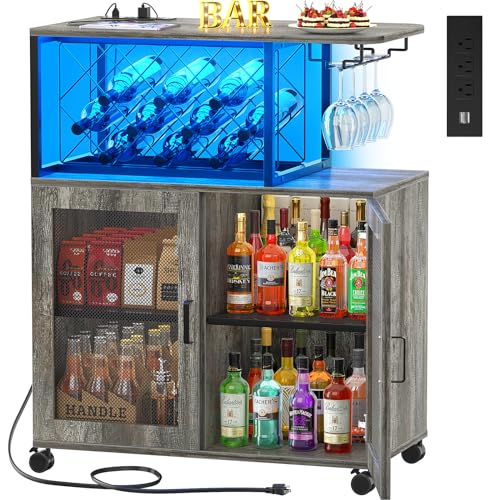 Girapow Small Bar Cart with Wheels, Liquor Cabinet with LED Light, Wine Bar Cabinet with Power Outlets, Home Mini Bar with Wine Rack, Glasses Storage for Kitchen, Dining Room, Living Room, Gr - WoodArtSupply