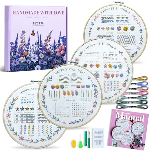 ETSPIL 4 Pre-Printed Embroidery Kit for Adults & Beginners — Learn Step by Step with 4K Videos, Floral Patterns, 33 Beginner-Friendly Stitches, Relaxing Craft at Home
