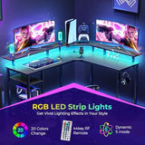 Rolanstar L Shaped Gaming Desk with LED Lights & Power Outlets, 53" Computer Desk with Full Monitor Stand & Storage Shelf, Corner Desk with Hooks, Carbon Fiber Desk Reversible Rolanstar