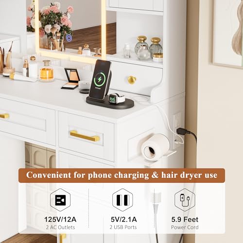 NUNU LAB Makeup Vanity Desk with Mirror and Lights, White Dressing Table with Charging Station, Makeup Vanity with RGB Cabinets and 7 Drawers RGB Cabinets, 3 LED Light Modes (043 White) NUNU LAB