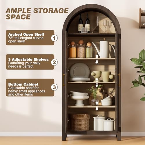 Skyrain 73'' Tall Arched Cabinet, Wood Kitchen Pantry Cabinets with Glass Doors, 5-Tier Storage Hutch with Adjustable Shelves & Metal Handles, Modern Bookcase for Dinning Room, Living Room, Brown Skyrain