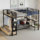 ICIUIOIR Queen Loft Bed Frame with Shelves, Drawers, Pegboard and Wardrobe, All-in-One Black Storage Loft Beds for Adults, MDF + Metal Bed Frame, Space-Saving Design for Bedroom/Queen ICIUIOIR