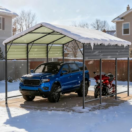 Greesum 10x15FT Metal Carport with Heavy Duty Frame and Galvanized Steel Roof, Vertical Carports with Side Support Rods, Canopy Shelter for Car, Pickup Trucks, Boats and Tractors, Party, Gray Greesum