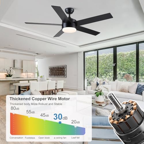 POCHFAN 52 inch Black Ceiling Fans with Lights and Remote Control, Dimmable 3-Color Temperatures LED Ceiling Fan, Wooden Quiet Reversible Modern Ceiling Fan for Bedroom, Living Room, Dining Room POCHFAN