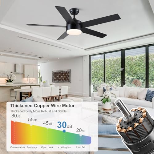 POCHFAN 52 inch Black Ceiling Fans with Lights and Remote Control, Dimmable 3-Color Temperatures LED Ceiling Fan, Wooden Quiet Reversible Modern Ceiling Fan for Bedroom, Living Room, Dining R - WoodArtSupply