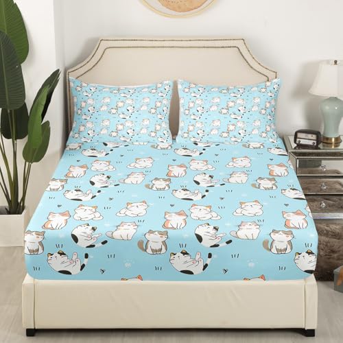 Erosebridal Cat Sheet Sets King, Kawaii Garfield Persian Cat Flat Sheet for Kids Boys Girls, Paw Print Love Heart Bed Sheets, Cartoon Animals Soft Fitted Sheet 4 Pieces, Blue Erosebridal