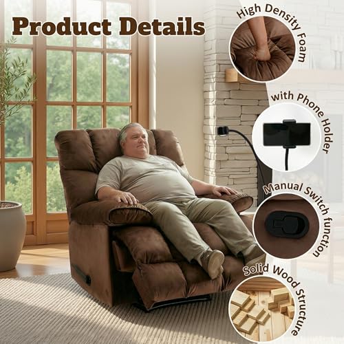 Chizzyseat Manual Adjustable Oversized Recliner Chair with Phone Holder, Extra Large Recliner for Heavy Duty Adults 400lbs, Big Man Recliners for Living Room, Nursery, RV