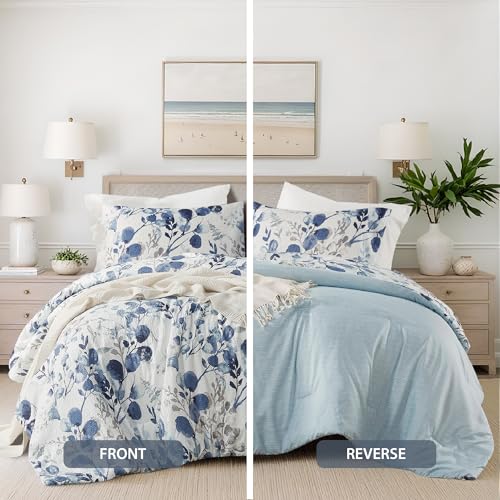 Regency Heights Lightweight Seersucker Botanical Queen Size Comforter Set, 3 Pieces Reversible Design Bed Comforter, Premium Microfiber Bedding Set, Comforter and Shams Set, Blue Regency Heights
