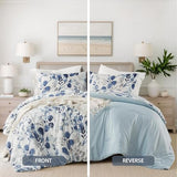 Regency Heights Lightweight Seersucker Botanical Queen Size Comforter Set, 3 Pieces Reversible Design Bed Comforter, Premium Microfiber Bedding Set, Comforter and Shams Set, Blue Regency Heights