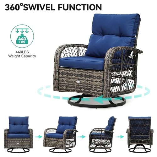 YITAHOME 3 Piece Patio Outdoor Swivel Glider Rocker Wicker Patio Bistro Rocking Set with Wood-Grain Table for Garden, Backyard and Balcony (Navy Blue) - WoodArtSupply