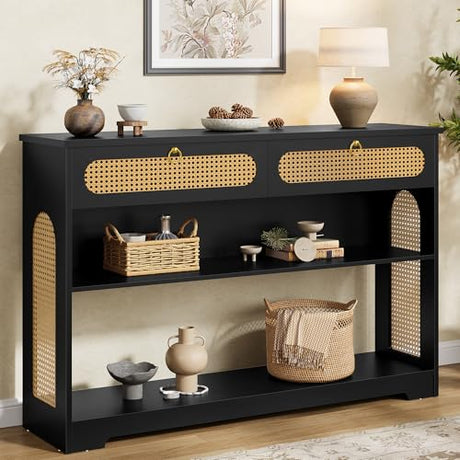 Hoctieon Rattan Console Table with 2 Drawers, 3-Tier Boho Woven Entryway Table with Back Panel and Open Storage Shelf, 40" Wood Narrow Long Sofa Tables for Hallway, Foyer, Living Room, Black Hoctieon