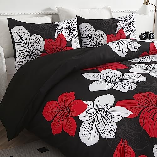 Menghomeus Black Comforter Set Full Red and White Floral Comforter with 2 Pillowcases Modern Bedding Sets Lightweight Boho Bed Set for All Season (1 Comforter, 2 Pillowcases) Menghomeus