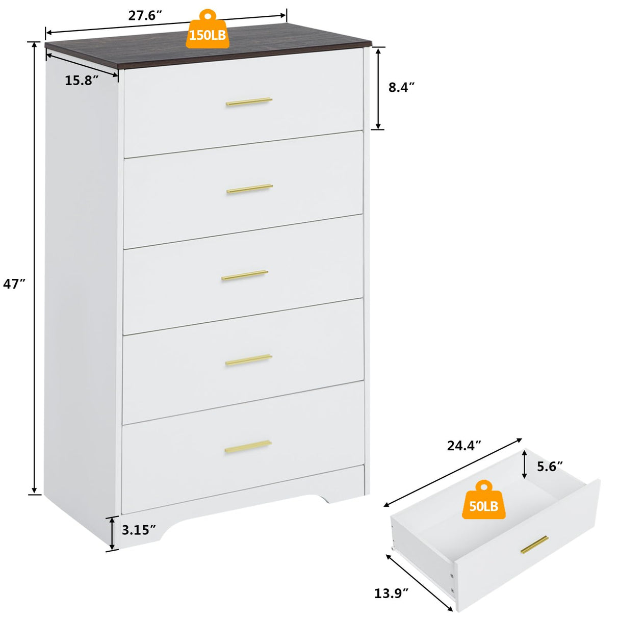 LIDYUK Dresser for Bedroom, Wood Dresser with 5 Drawers, Modern Minimalist Dressers & Chests of Drawers, 47 Inches Tall Chest of Drawers for Bedroom, Hallway, Living Room, White LIDYUK