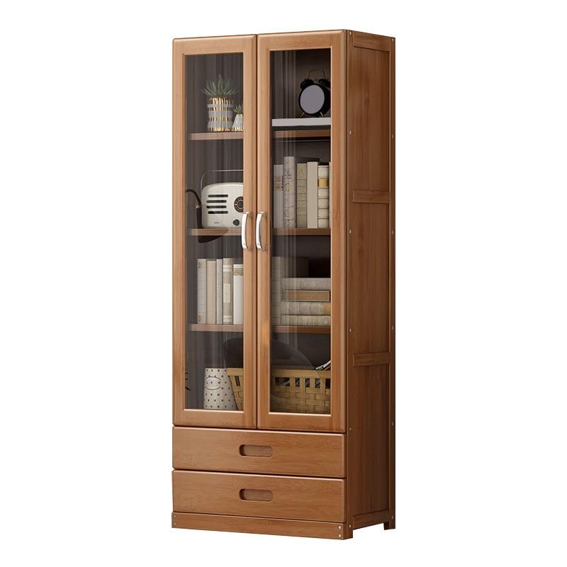 LITFAD Modern 4-Tier Bamboo Bookcase with Glass Doors and 2 Drawers LITFAD