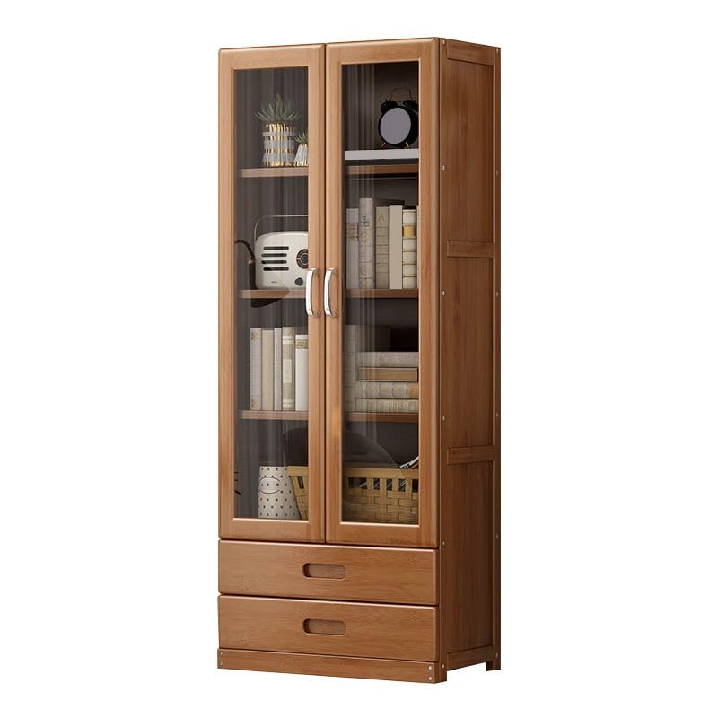 LITFAD Modern 4-Tier Bamboo Bookcase with Glass Doors and 2 Drawers - WoodArtSupply