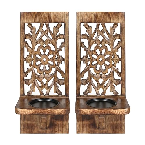 Wall Mounte Candle Sconces Set of 2, Decorative Wooden Candle Holder, Hand Carved Farmhouse Candle Sconce, Perfect for Living Room Bedroom Bedroom Kitchen Wall Decoration - 16 Inch - Burnt An - WoodArtSupply