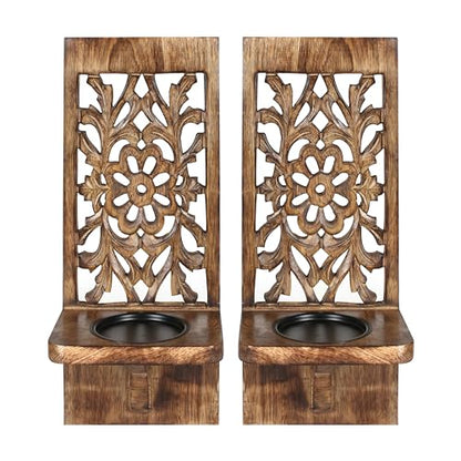 Wall Mounte Candle Sconces Set of 2, Decorative Wooden Candle Holder, Hand Carved Farmhouse Candle Sconce, Perfect for Living Room Bedroom Bedroom Kitchen Wall Decoration - 16 Inch - Burnt An - WoodArtSupply