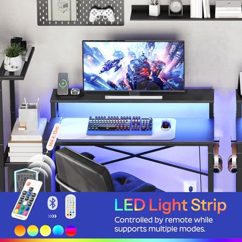 YATINEY Computer Desk with LED Light and Power Outlet, Small Gaming Desk with Monitor Stand, Reversible Game Table with 2 Side Hooks, Home Office Desk for Living Room, Bedroom, Black DN06UDBB YATINEY