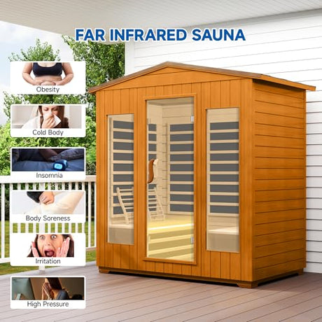 RESTISLAND Outdoor Sauna 4 Person, Far Infrared Sauna for Home Low EMF, Wooden Spa Dry Saunas Room with Infrared Lighting and Integrated Speakers, 7 Colors Chromotherapy for Indoor and Gym RESTISLAND