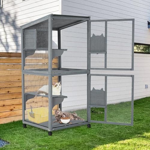 Cat Patio Enclosure, 69" Large Indoor Outdoor Catio Cage with Waterproof Roof, Lockable Wheels, Resting Cabin & Platforms for Multi-Cat Families, Weatherproof Catios PeacefulHues