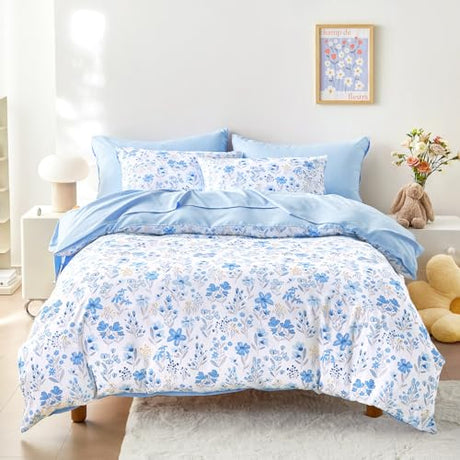 Wake In Cloud - Floral Bedding Set for Girls, Cute Colorful Botanical Flowers Patterned Soft Lightweight Comforter Set with Sheets, 5 Pieces Kids Bed in a Bag, Blue White, Twin Size Wake In Cloud
