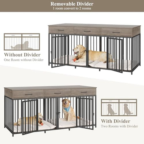 HOSTACK Double Dog Crates Furniture, 71" Wide Indoor Dog Kennel with 3 Drawers, Farmhouse Dog Cage for 2 Large/Medium Dogs, Heavy Duty Dog Crate with Removable Divider, Wooden Pet House, Ash Grey HOSTACK