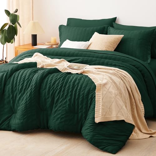 CozyLux King Size Comforter Set Emerald Green Seersucker 7 Pieces Bed in a Bag King Comforter Set with Sheets, Luxury Soft Bedding Set with Down Alternative Comforter, Sheets, Pillowcases & Shams CozyLux