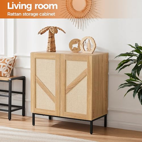 Mericonia Buffet Cabinet with Storage, Sideboards 2 Doors with Metal Base and Adjustable Shelf for Kitchen, Coffee Bar, Entryway, Hallway,Living Room (Rattan Buffet Cabinet, Natural) Mericonia