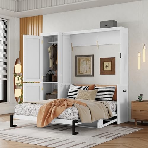 RuiSiSi Queen Size Murphy Bed with Wardrobe, Space-Saving Hidden Wall Bed Frame with Desk and Gas Struts, Wood Murphy Cabinet Bed with Charging Station, No Box Spring Needed, Easy Assembly, White RuiSiSi