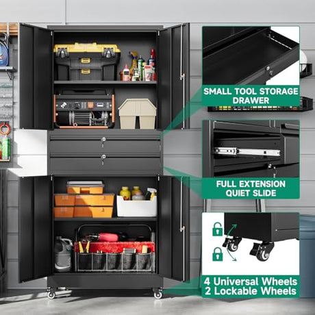 Letaya Metal Garage Storage Cabinet with Wheels,Rolling Tool Cabinet with 4 Door Lock-Adjustable Shelves and 2 Drawer for Garage Home Office Utility Room (Black with Wheels) Letaya