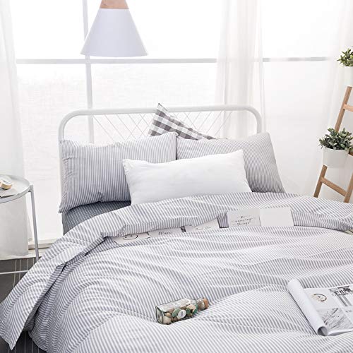 Wake In Cloud - Striped Cotton Duvet Cover Set, Ticking Stripe Pinstripe Farmhouse, 100% Cotton Bedding Set, 3 Pieces, Gray White, Full Size Wake In Cloud