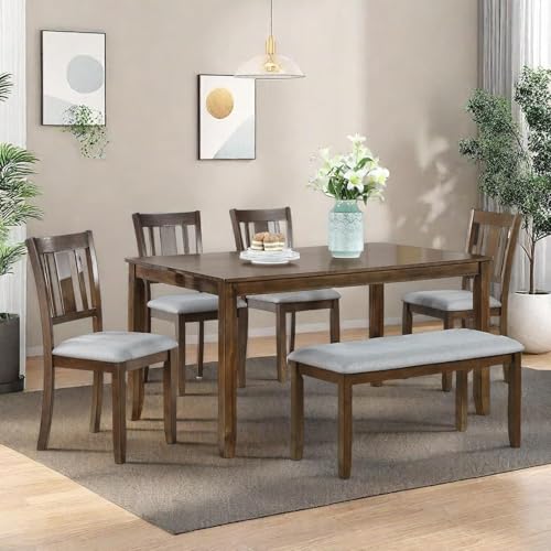 Trygoal 6-Piece Dining Table Set for 4-6 People, Kitchen Set with 4 Upholstered Chairs and One Bench, Living Room Chairs with Slatted Backrest, Rectangular Wooden Table for Home Bar, Walnut Trygoal