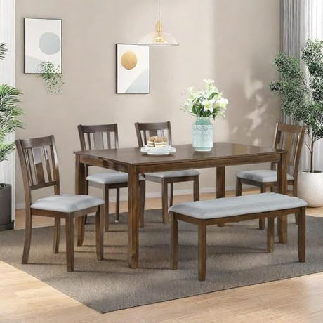 Trygoal 6-Piece Dining Table Set for 4-6 People, Kitchen Set with 4 Upholstered Chairs and One Bench, Living Room Chairs with Slatted Backrest, Rectangular Wooden Table for Home Bar, Walnut Trygoal
