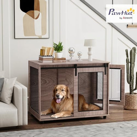 PawHut 39" Dog Crate Furniture, Dog Kennel Furniture End Table with Sliding Barn Door, Pet Cage Table for Large Breeds, Walnut Brown PawHut