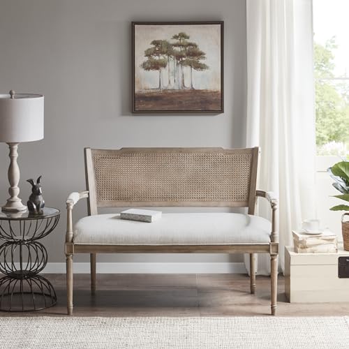 Madison Park Willshire Natural Rattan Settee, Upholstered Seat - Charming Country Design, Rustic Reclaimed Wood Finish, Ratan Insert Backrest & Padded Arm Rest, 47.25" Wide Beige/Reclaimed Natural Madison Park