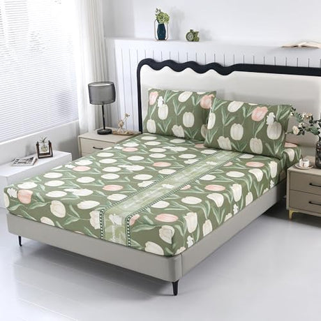 SDIII Green Floral Twin Bed Fitted Sheet with 2 Pillowcases, Not Including Flat Sheet, Soft Microfiber Rabbit and Floral Bed Fitted Sheets Twin Size SDIII