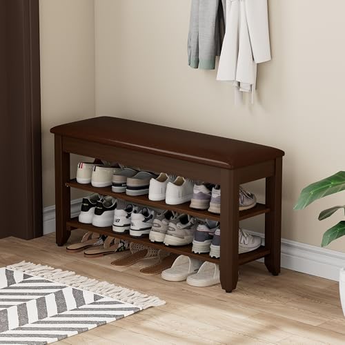 Homleke Shoe Rack Bench with Flip-Top Storage, Solid Wood Entryway Bench with Cushion, Adjustable Shelf, for Hallway, Mudroom, Closet – Walnut, 31.5" Homleke