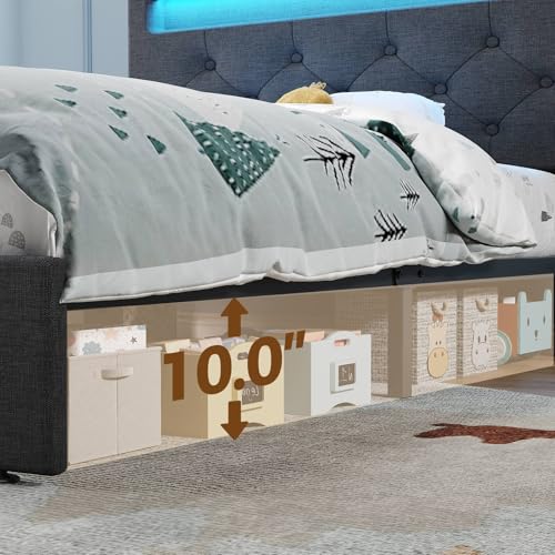Rolanstar Twin Bed Frame with Charging Station, LED Bed with Under Bed Storage, Adjustable Headboard 38.9/40.8 Inches, No Box Spring Needed, Noise Free, Easy Assembly, Grey Rolanstar