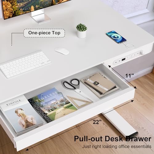 Furmax Electric Standing Desk with Drawer 48 x 24 Inch Adjustable Height Stand up Desk One-piece Board Pre-assembled Home Office Computer Desk with USB Ports, White - WoodArtSupply