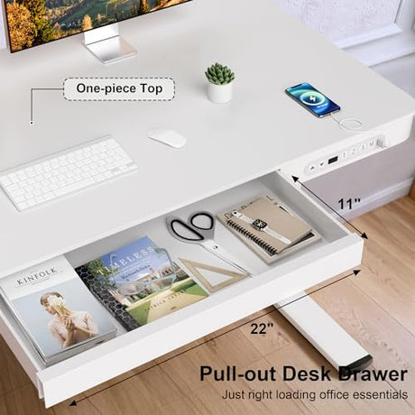Furmax Electric Standing Desk with Drawer 48 x 24 Inch Adjustable Height Stand up Desk One-piece Board Pre-assembled Home Office Computer Desk with USB Ports, White Furmax