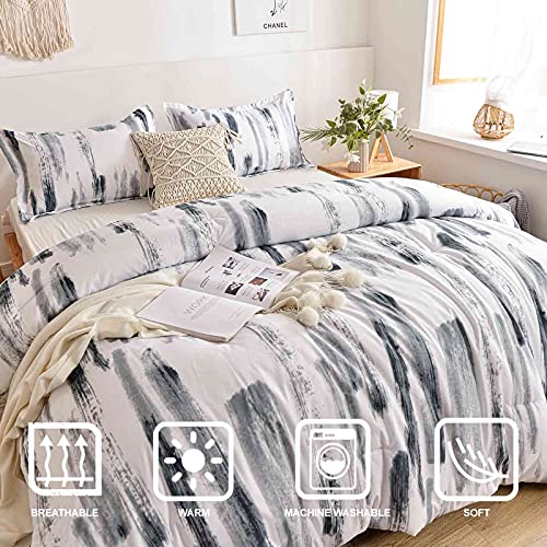 Nanko King Comforter Set 3pc, Art Grey White Printed Pattern Reversible Down Alternative Microfiber Bedding - All Season Duvet and 2 Pillowcases Bed Sets Modern for Women Men, Size 104 x 90 Gray Nanko