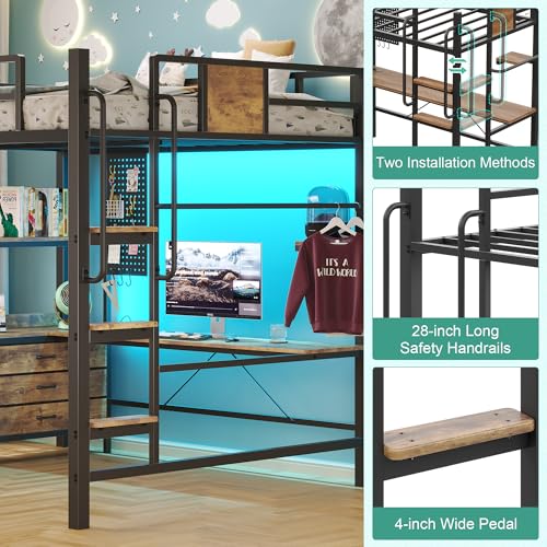 Loft Bed with Desk,Full Size loft bed, Loft Beds Full Size with 5 Fabric Storage Drawers & Stairs,Charging Station&LED Lights,Metal Bunk Bed with Desk, Removable Guard Ladder, Noise Free, Brown BYSAUD