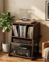 Homieasy Record Player Stand with Vinyl Storage Cabinet, 22" Record Player Table Up to 200 Albums, Large Wood Turntable Stand with Record Album Holder with Charging Station & LED Light, Espresso Homieasy